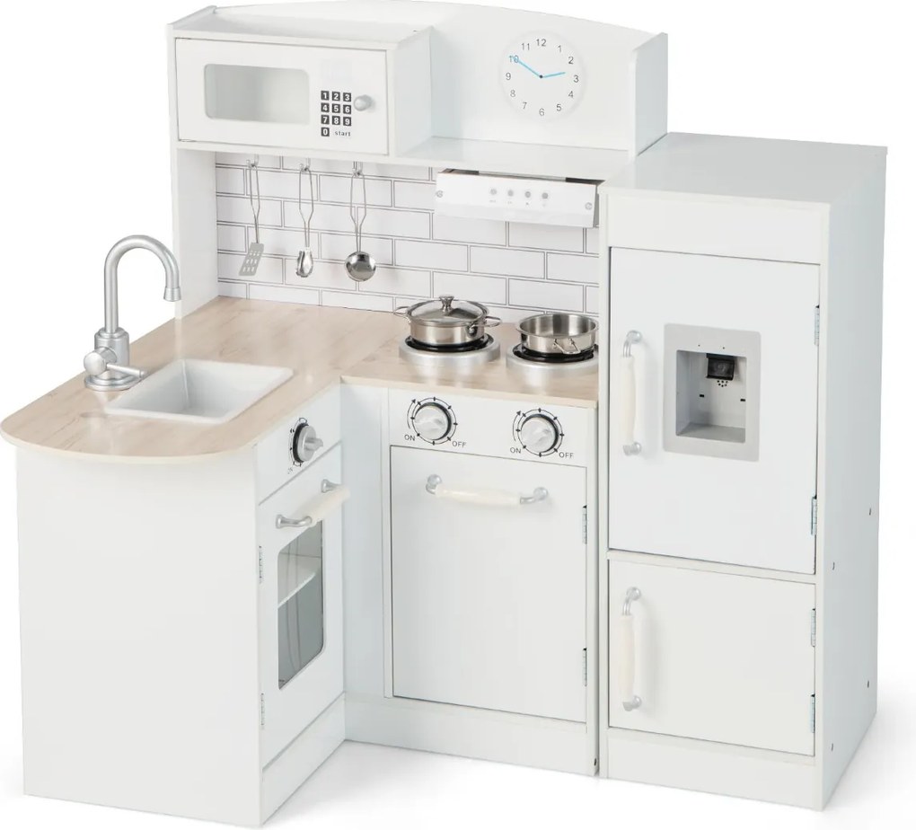 Costway Cucina ad angolo gioco per bambini con lavello fornelli cappa frigorifero, Cucinetta educativo in legno Bianco