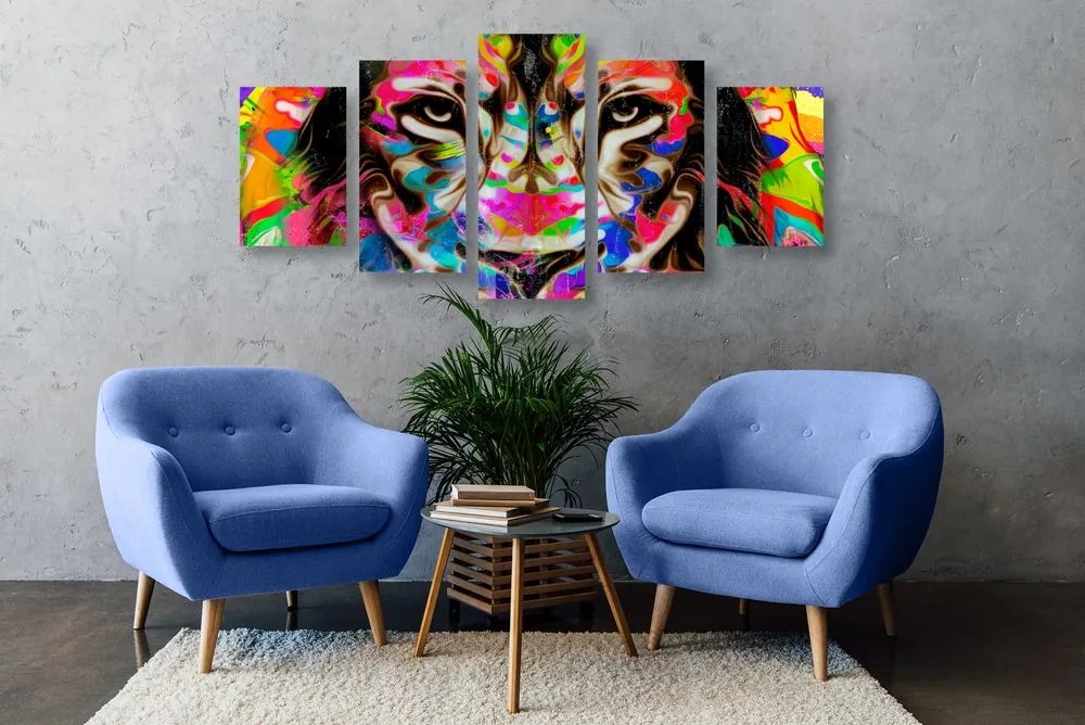 Quadri 5 pezzi – Testa di leone colorata