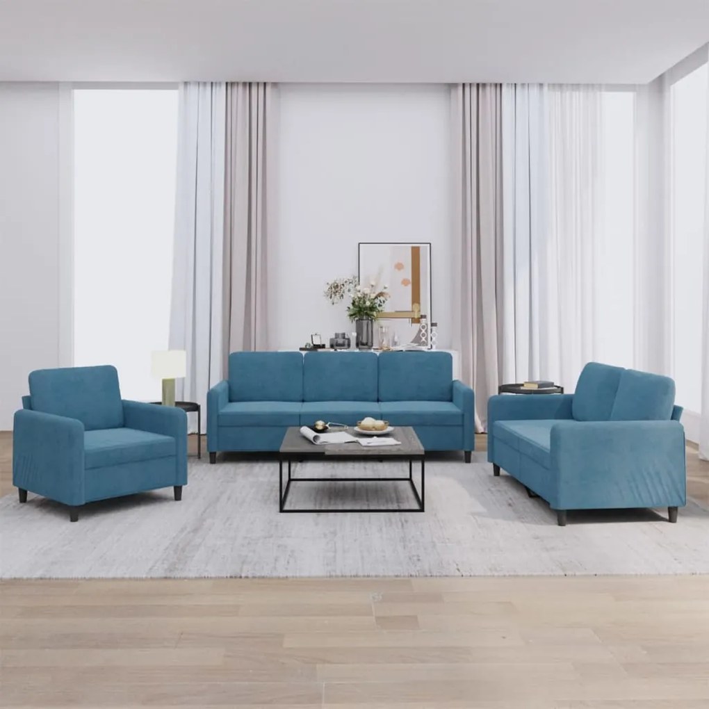Set Di Divani 3 Pz Blu İn Velluto /