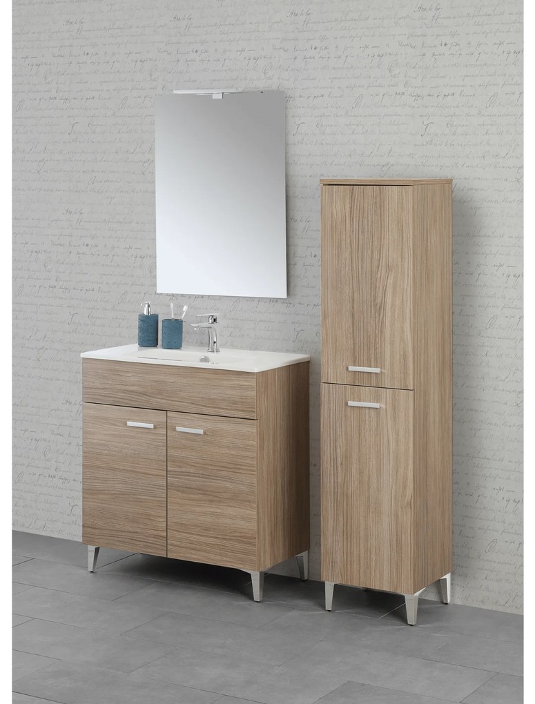 Mobile Bagno a Terra 80 Cm Due Ante Specchio Con Lampada Led 62x78,5 Cm Feridras "Greta" Rovere Tropea