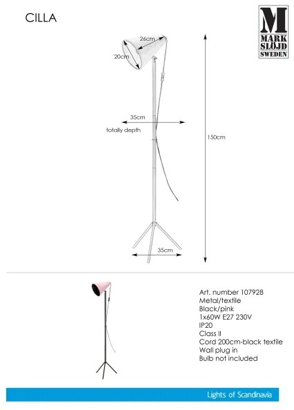 Markslöjd 107928 - Lampada da terra CILLA 1xE27/60W/230V