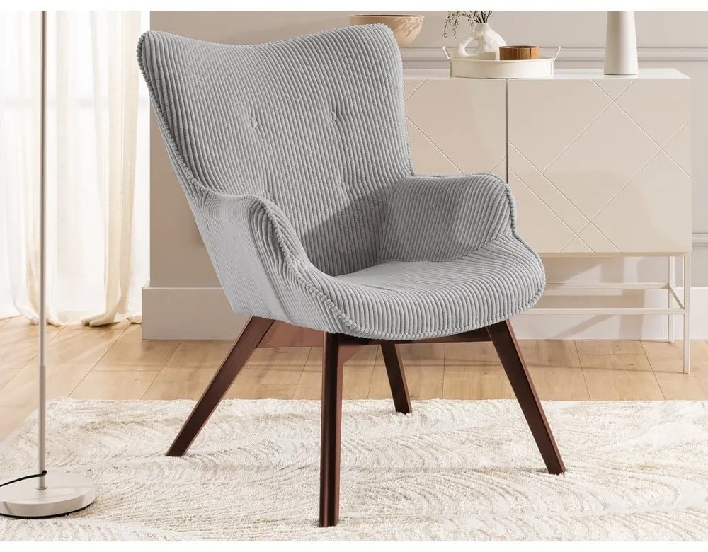 Poltrona con poggiapiedi grigia con rivestimento in velluto a coste Niko – Ropez