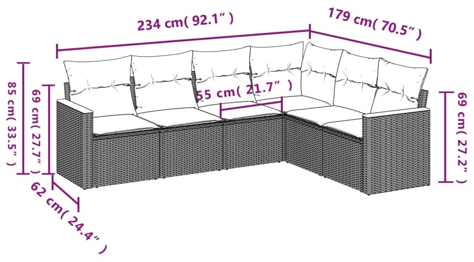 Set divano da giardino 6 pz con cuscini nero in polyrattan