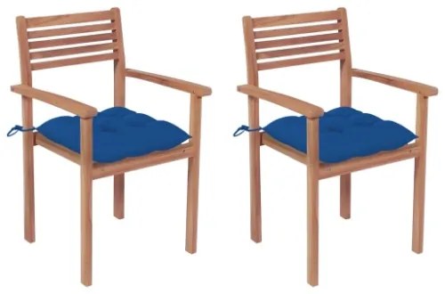 Sedie da Giardino 2 pz con Cuscini Blu in Massello di Teak