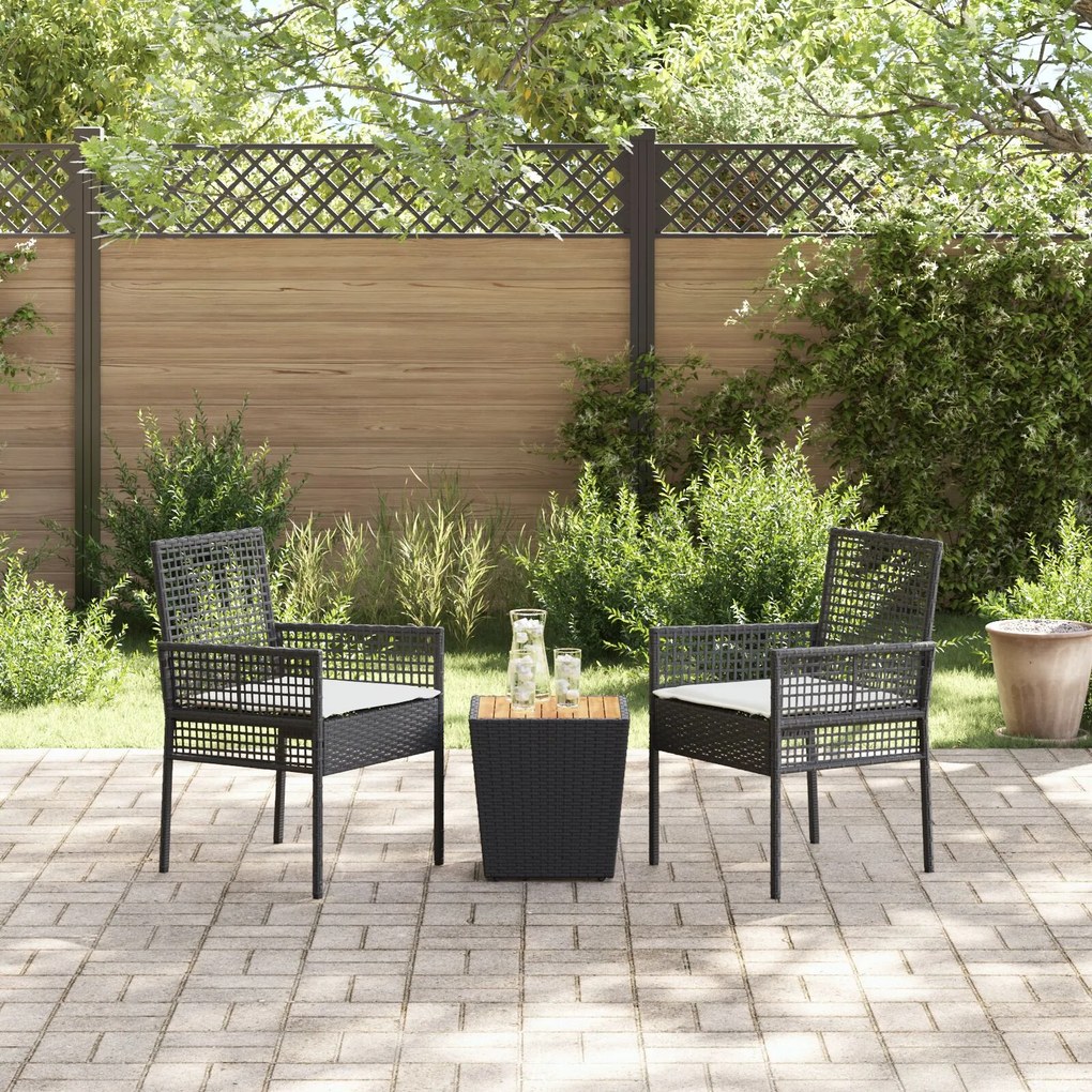 Set da giardino bistro 3 pezzi con cuscini nero rattan sintetico