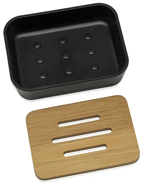 Set accessori bagno moderno in finitura nera opaca con dettagli in bambù