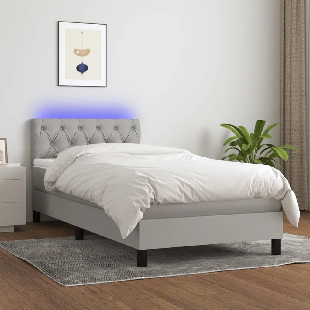 Letto a molle materasso e led grigio chiaro 80x200 cm tessuto