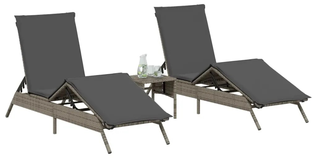 Lettini prendisole 2 pz con tavolino grigio in polyrattan