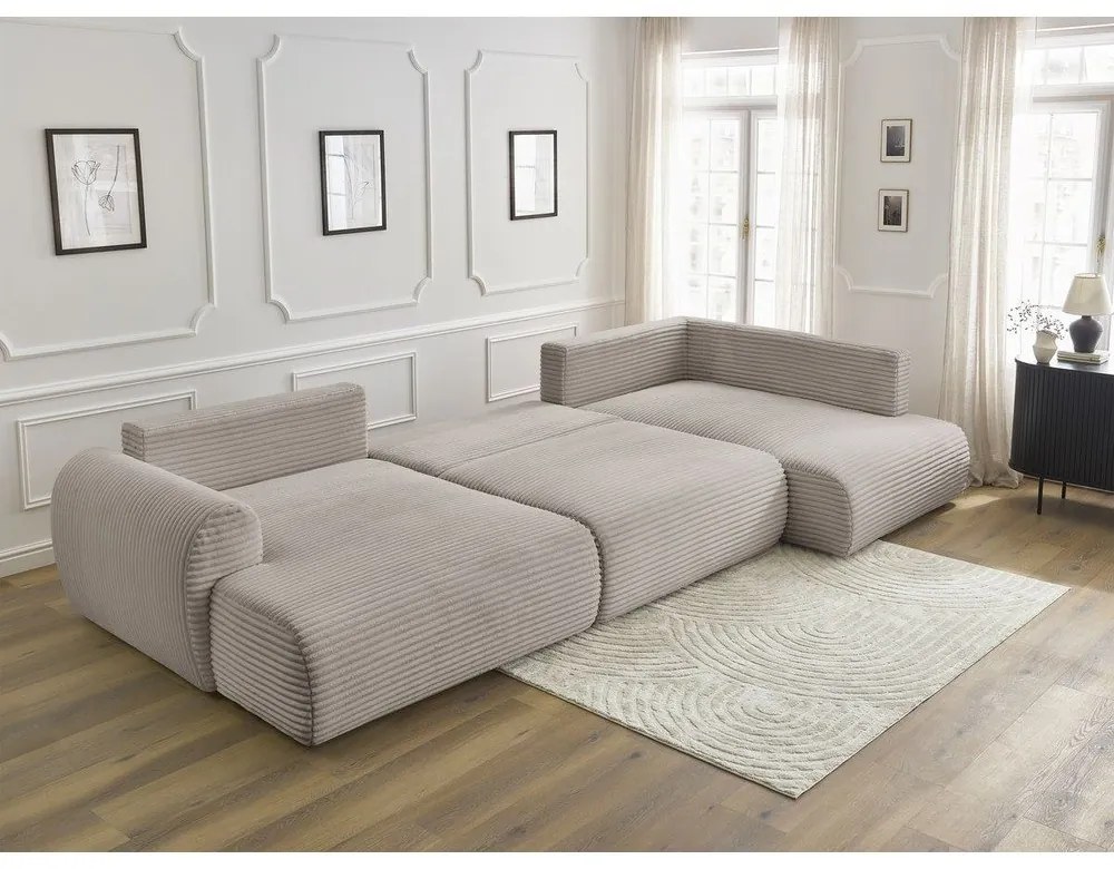 Divano angolare in grigio chiaro/beige allungabile (con penisola a sinistra/a forma di "U") con rivestimento in velluto a coste Lucien – Bobochic Paris