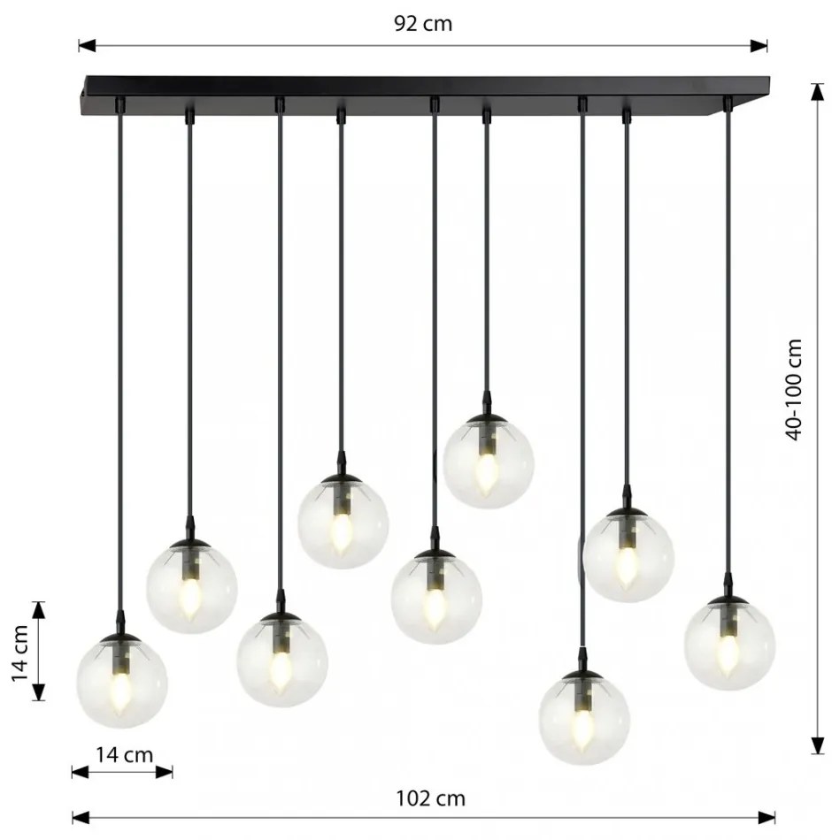 Lampadario a Sospensione in Acciaio e Vetro COSMO 9 Nero 9xE14 Colore delle Sfere Trasparente