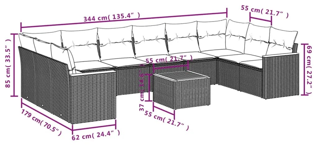 Set divani da giardino 11 pz con cuscini in polyrattan nero