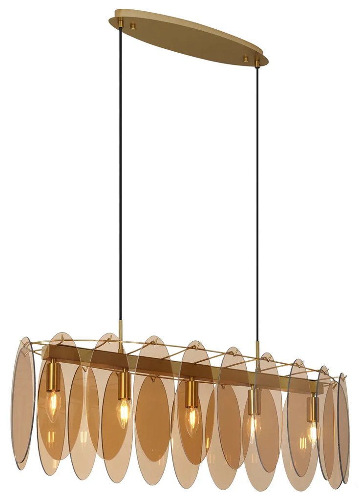 Lampada a sospensione Art Déco oro con vetro ambrato ovale 5 luci - Mochan