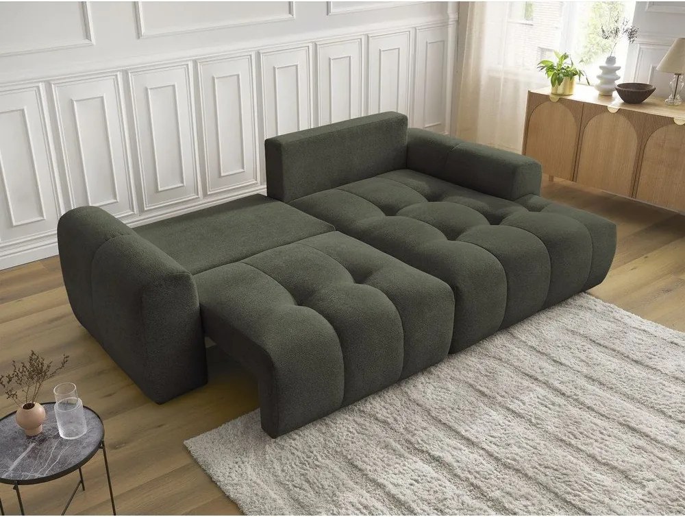 Divano angolare color kaki allungabile/con contenitore (con penisola a destra/con chaise lounge) con rivestimento in ciniglia Roxelane – Bobochic Paris