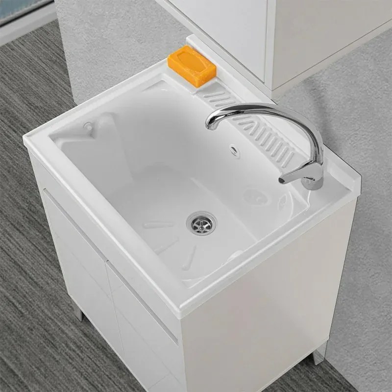 Mobile lavatoio 60x50 Way bianco lucido con vasca asse e kit scarico