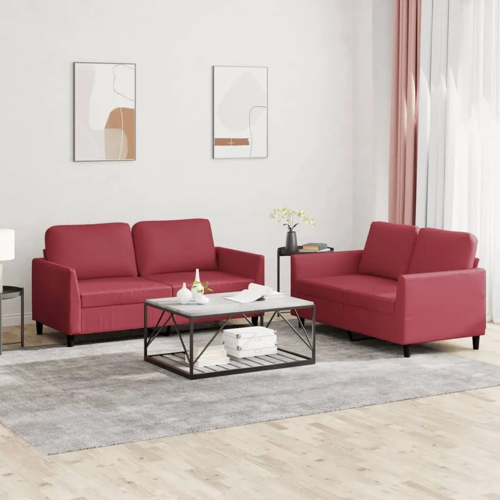 Set Di Divani 2 Pz Con Cuscini Rosso Vino İn Similpelle /
