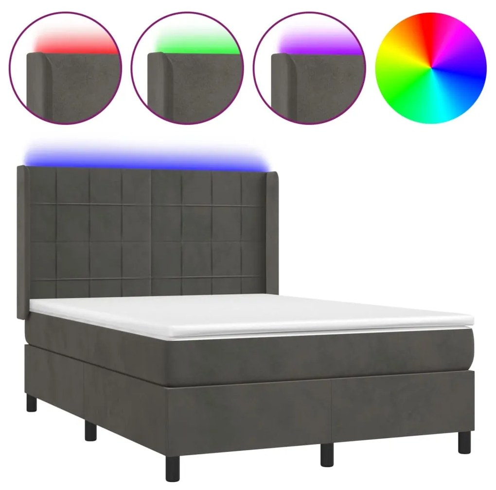 Letto a molle con materasso e led grigio scuro 140x190 cm