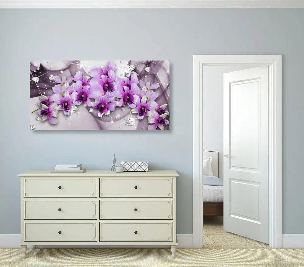 Quadro su tela – Fiori viola su sfondo astratto
