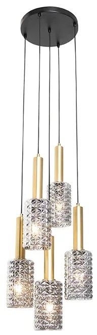Lampada a sospensione oro con vetro fumé rotondo 5 luci - Elva