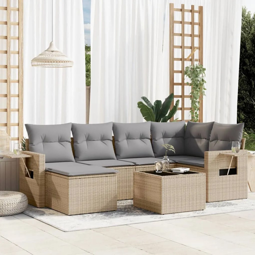 Set divani da giardino 7 pz con cuscini beige in polyrattan