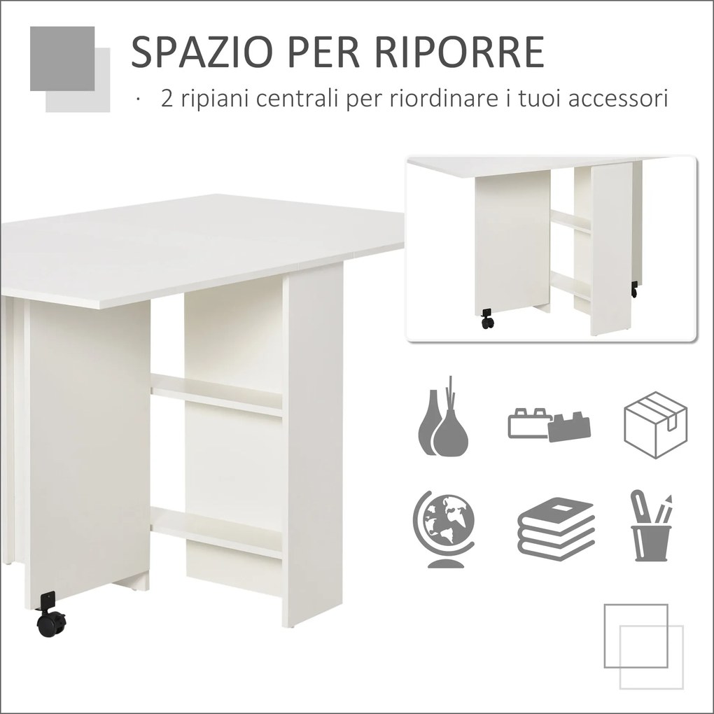 Tavolo Pieghevole Salvaspazio in Legno Bianco con Ruote...