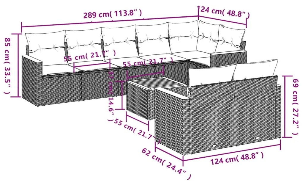 Set divani da giardino 9 pz con cuscini nero in polyrattan