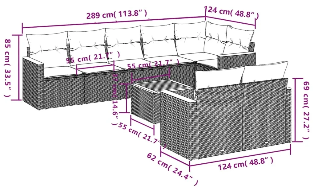 Set divani da giardino 9 pz con cuscini nero in polyrattan