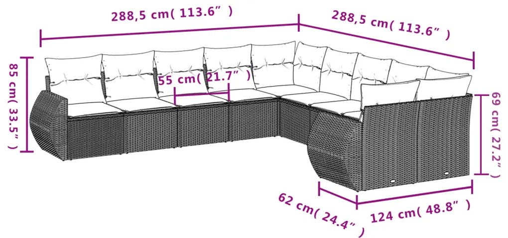 Set divano da giardino 10 pz con cuscini beige in polyrattan