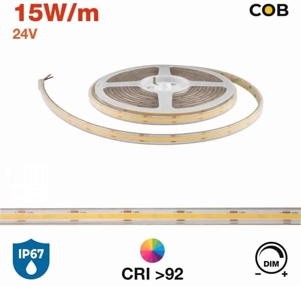 Striscia LED Professional COB - IP67 - 15W/m - 5m - 110lm/W - CRI92 - 24V Colore  Bianco Caldo 2.700K