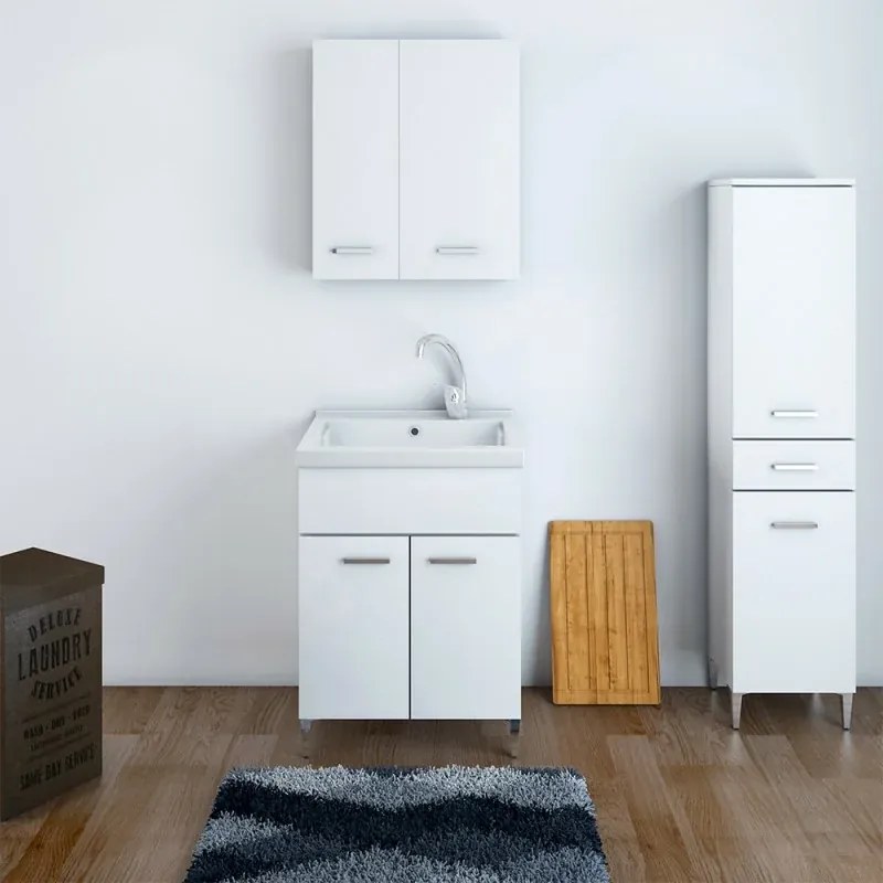 Mobile Lavatoio 60x50 cm Due Ante con vasca in ceramica Bianco Lucido