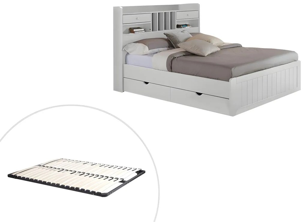 Letto con vani portaoggetti 140 x 190 cm Pino Bianco + Rete - MEDERICK