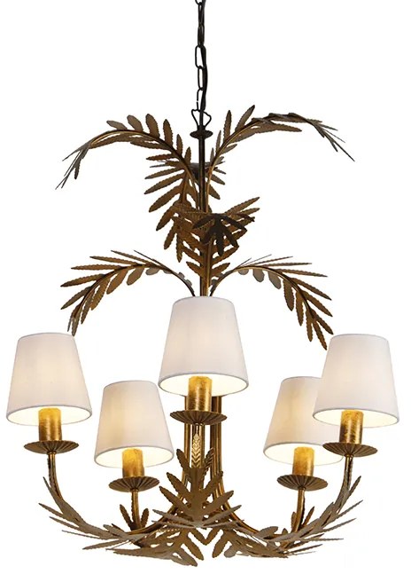 Lampadario oro con paralumi in lino bianco 5 luci - Botanica