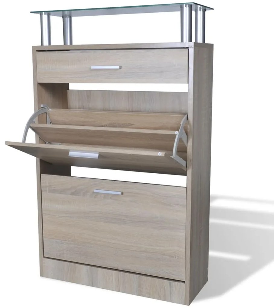 Scarpiera Con 1 Cassetto E Mensola Vetro Sopra İn Legno Rovere /