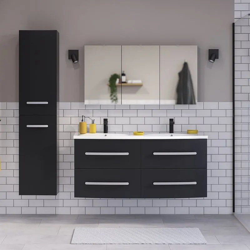 Mobile bagno con lavabo L 121 x H 53.7 x P 47.5 cm nero opaco 4 cassetti per doppia vasca Perla