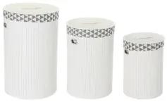 Cesto per i Panni Sporchi DKD Home Decor Bianco Set Poliestere Bambù (38 x 38 x 60 cm) (3 Pezzi)