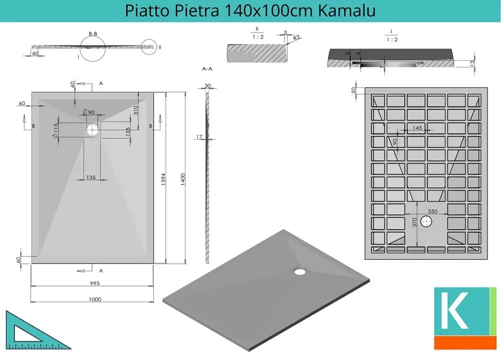 Piatto doccia 140x100 effetto pietra colore nero ardesia - KAMALU