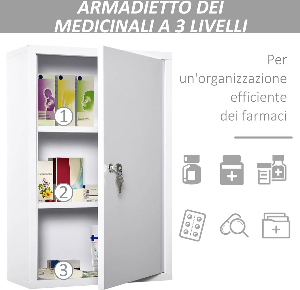 Armadietto Medicinali da Parete 40x18x60 cm 2 Chiavi in Acciaio Bianco...