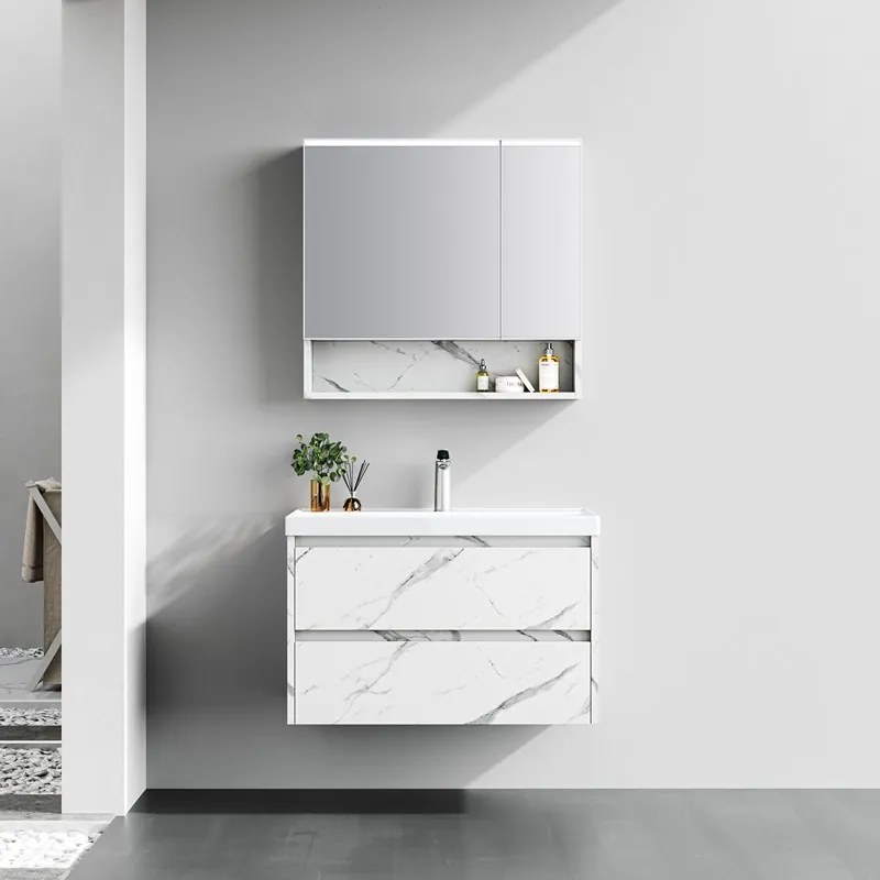 Kamalu - Mobile bagno sospeso 80 cm finitura marmo e specchio contenitore | KAM-VV80