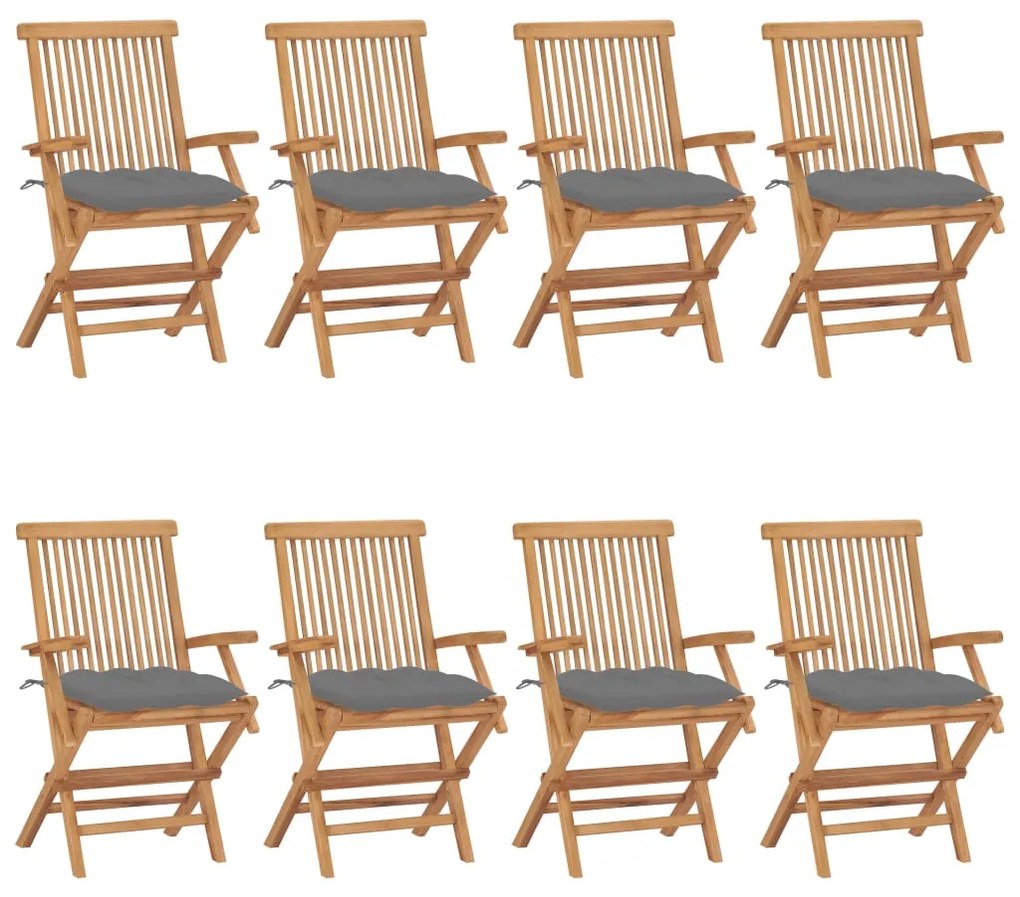 Sedie da giardino con cuscini grigi 8 pz in massello di teak
