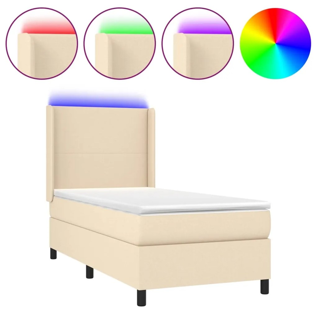 Letto a molle con materasso e led crema 90x190 cm in tessuto