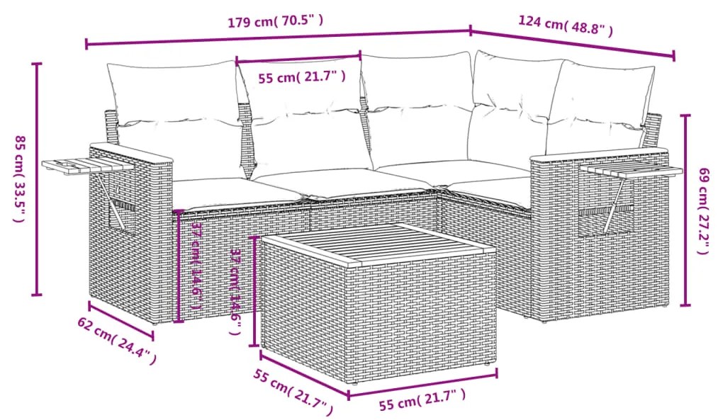 Set divani da giardino 5 pz con cuscini in polyrattan nero