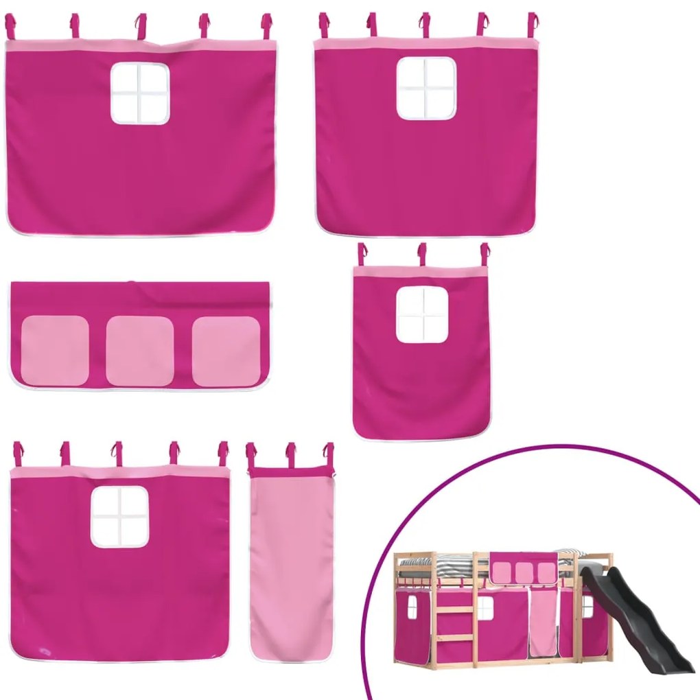 Letto a castello con scivolo e tende rosa 90x200 cm