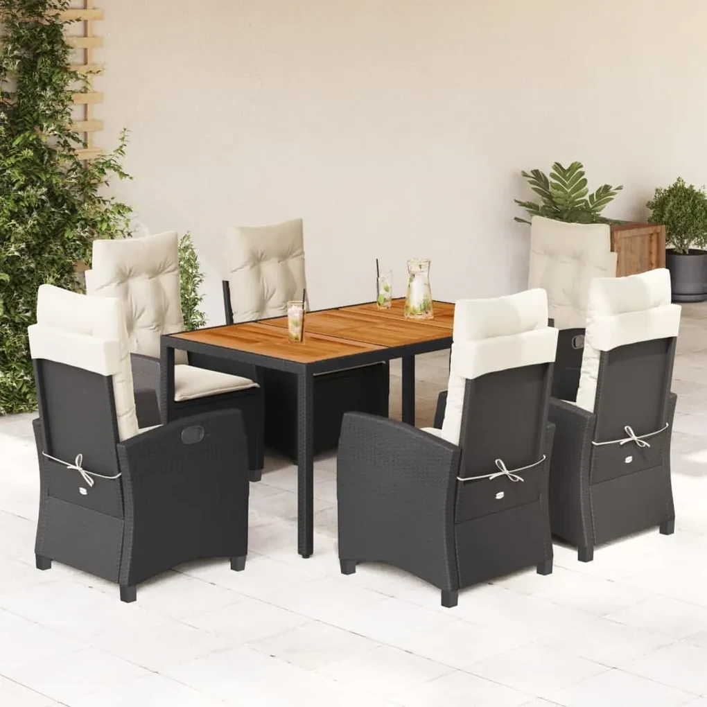 Set da pranzo da giardino 7 pz nero con cuscini in polyrattan