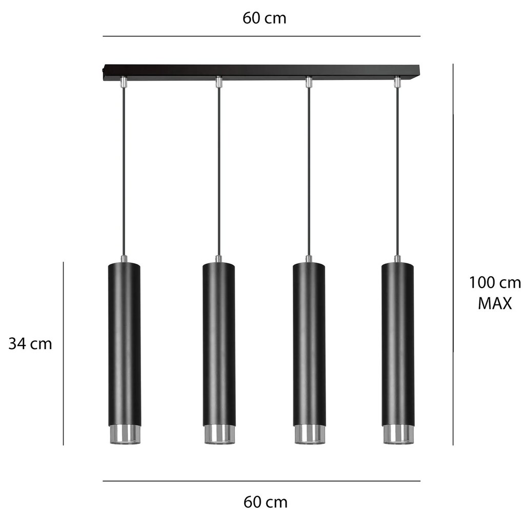 Lampadario 4 Luci Kibo In Acciaio Nero E Tubolari In Nero E Cromo