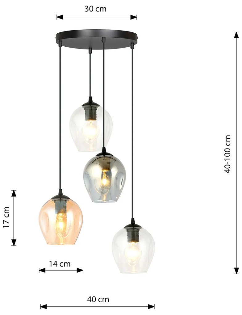 Lampadario 4 Luci Fuxi Base Tonda Acciaio Nero E Vetri Ambra Trasparente E Fumè