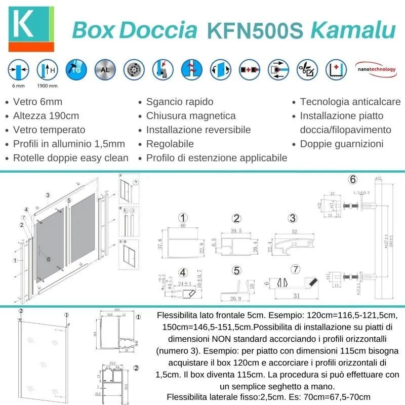 Kamalu - box doccia vetro piumato 70x100 telaio nero opaco | kfn5000sn