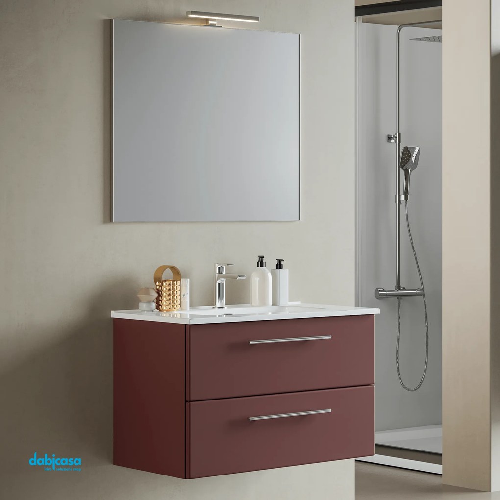 Mobile Bagno Sospeso "Maya" Da 60 Cm Composto Da Due Cassetti Lavabo E Specchio Con Lampada Led