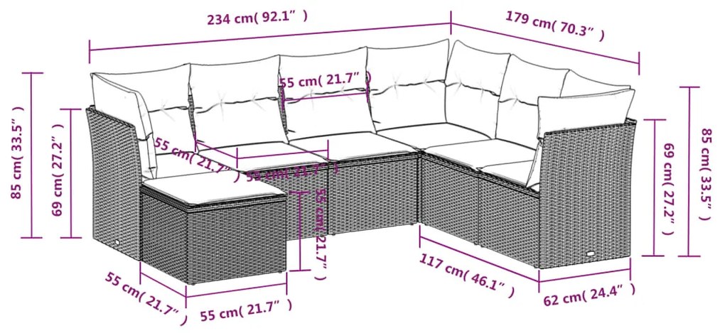 Set divani da giardino 7 pz con cuscini marrone in polyrattan