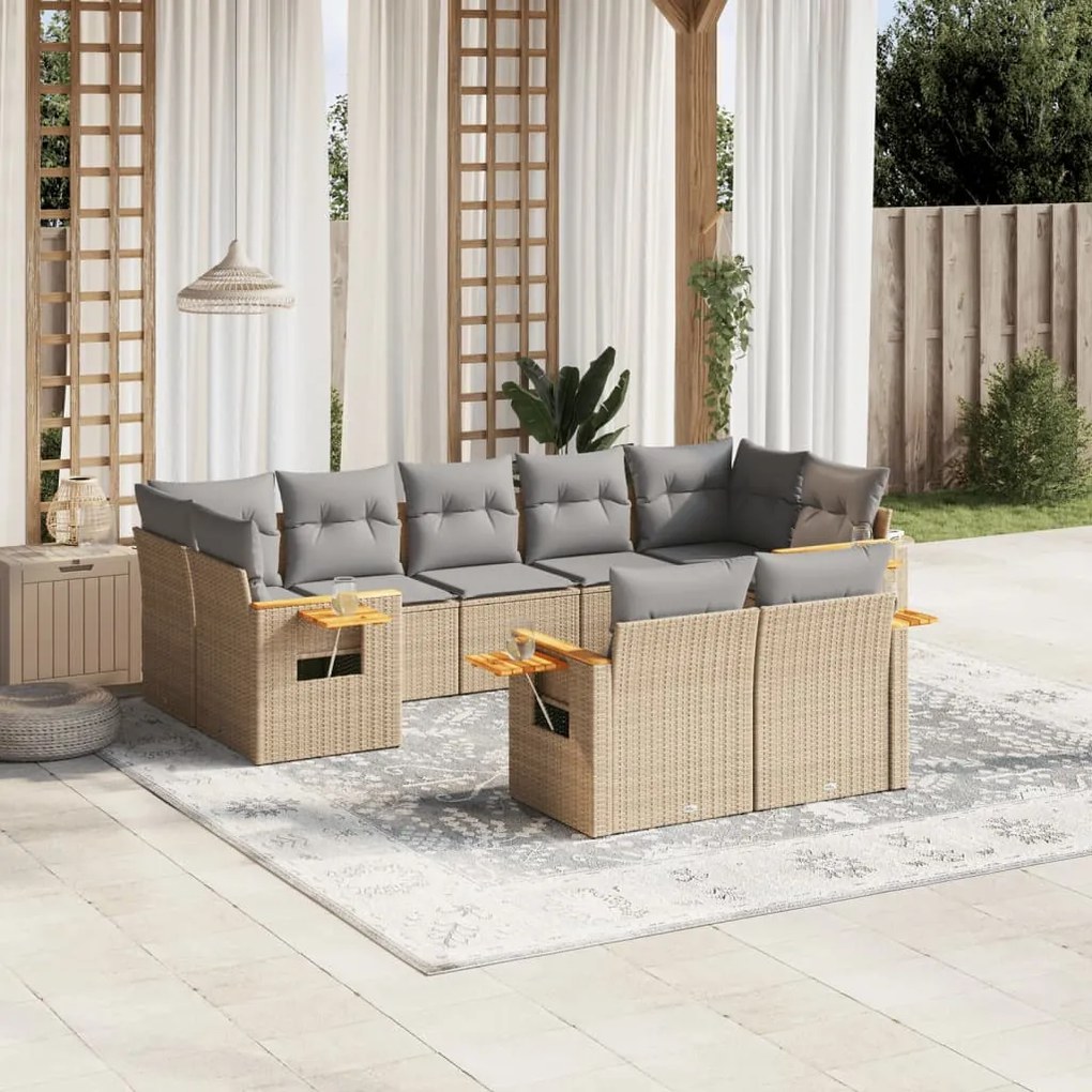 Set Divano da Giardino 9 pz con Cuscini Beige in Polyrattan