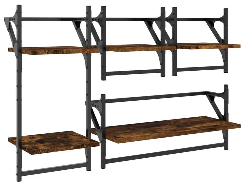 Set mensole parete con aste 4pz rovere fumo legno multistrato