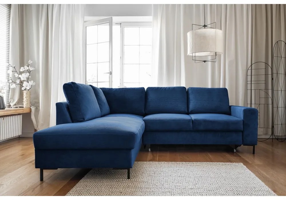 Divano letto angolare in velluto a coste blu scuro (angolo sinistro) Lofty Lilly - Miuform